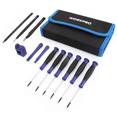 WORKPRO 12 in 1 Torx Screwdriver Set with T3 T4 T5 T6 T8 T10 Security Torx Bit & Tweezers, Precision Magnetic Screwdrivers, Pry Bars, Spudger for Eyeglass, Watch, Computer, Laptop, Phone, with Pouch