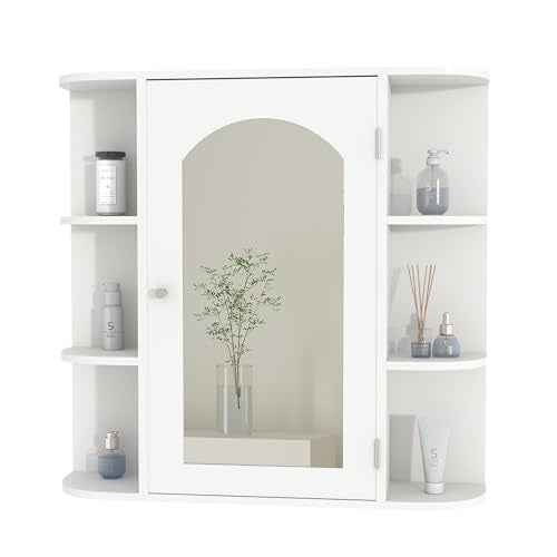 Bathroom Wall Cabinet, Medicine Cabinet with Mirror and Adjustable Shelves,White Wall Mounted Cabinet Over The Toile,3-Tier Wood Hanging Storage for Bathroom,Kitchen,Living,Laundry Room