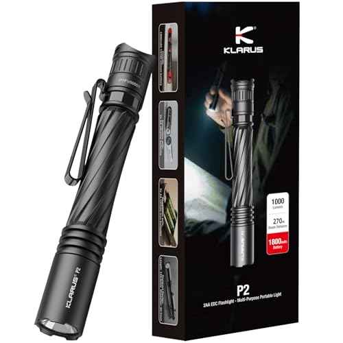 klarus P2 Tactical Pen Light: 1000 Lumens, 886ft Throw ? 2AA or USB-C Rechargeable (Battery Included), IPX8 Waterproof, Compact EDC Flashlight for Pocket, Office, Home, Security
