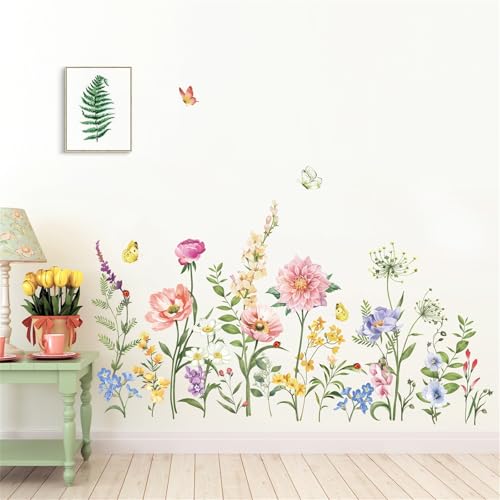 wondever Garden Flower Wall Stickers Poppy Peony Pink Floral Butterflies Peel and Stick Wall Art Decals for Living Room Bedroom TV Background