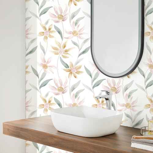 Floral Wallpaper Peel and Stick Vintage Watercolor Flower Leaf Contact Paper Self Adhesive Removable Waterproof Wallpaper for Bedroom Cabinets 17.3"x120" Yellow Green