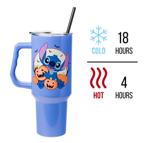 Silver Buffalo Disney Lilo and Stitch Halloween Spooky Pumpkin Jack-O-Lantern Stainless Steel Tumbler with Handle and Straw, Fits in Standard Cup Holder, 40 Ounces
