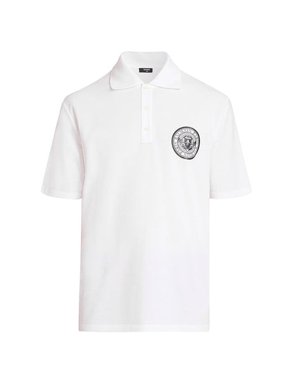Balmain, Small Coin Cotton Polo Shirt, Medium, Blanc Noir