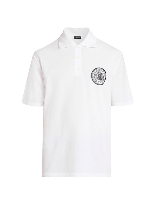Balmain, Small Coin Cotton Polo Shirt, Medium, Blanc Noir