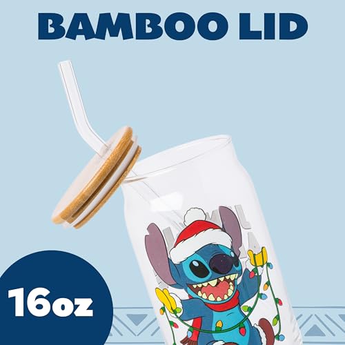 Silver Buffalo Disney Lilo and Stitch “Jingle All the Way” Glass Tumbler with Bamboo Lid and Glass Straw Featuring Stitch, 16 Ounces