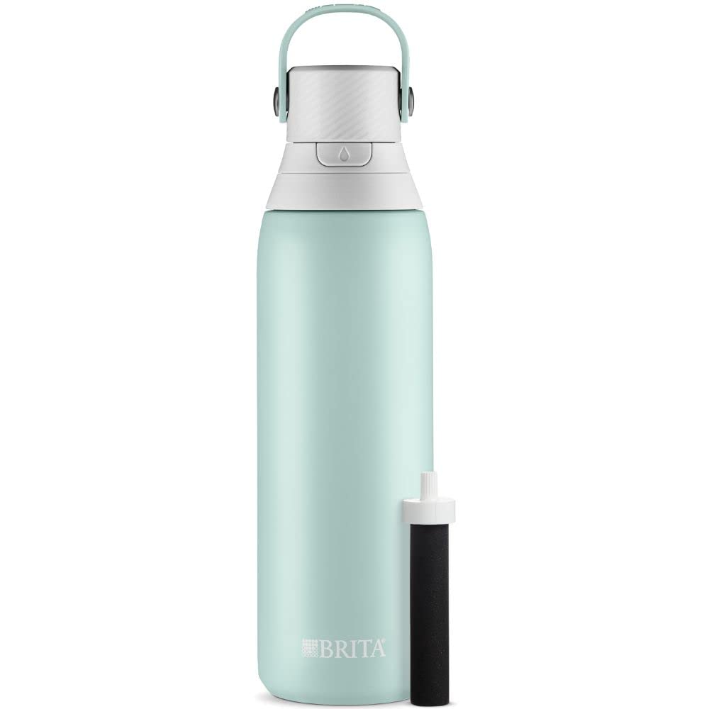 Brita Stainless Steel Premium Filtering Water Bottle, BPA-Free, Reusable, Insulated, Replaces 300 Plastic Water Bottles, Filter Lasts 2 Months or 40 Gallons, Includes 1 Filter, Glacier - 20 oz