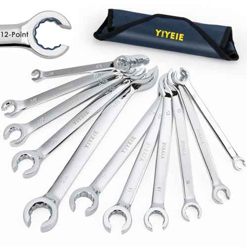12-Point Flare Nut Wrench Set Metric & SAE, 8mm-19mm & 1/4"-7/8", 11PCS Offset Line Wrench Set for Brake, Fuel and Tubing, CR-V Steel, Double Open End with Organizer Pouch for Removing Nuts