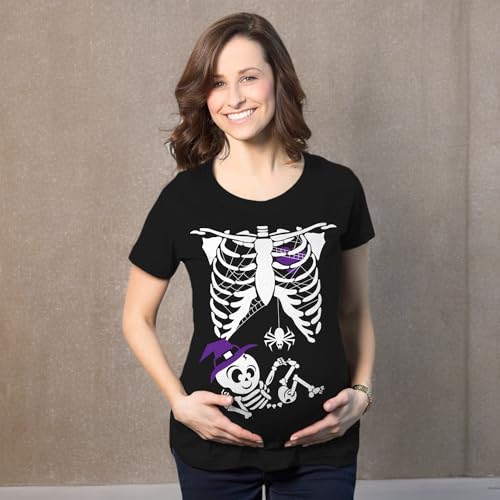 Maternity Witch Baby Bump Skeleton Cute Pregnancy T Shirt Halloween Night Funny Graphic Pregnancy Tee Halloween Maternity Wear Funny Maternity Shirts Black - XL