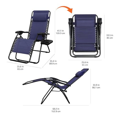 Amazon Basics Outdoor Textilene Adjustable Zero Gravity Folding Reclining Lounge Chair Set with Side Table, pack of 2, Blue