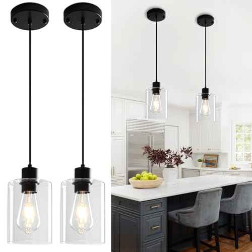 Glass Pendant Lights Kitchen Island 2 Pack, Black Kitchen Pendant Lighting Over Island, Hanging Light Fixtures Modern Pendant Lights for Hallway Entryway Bedroom Dining Room