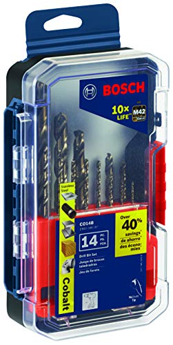 BOSCH CO14B 14-Piece Assorted Set with Included Case - Cobalt M42 Metal Drill Bits with Three-Flat Shank for Drilling Applications in Stainless Steel, Cast Iron, Titanium, and Light-Gauge Metal