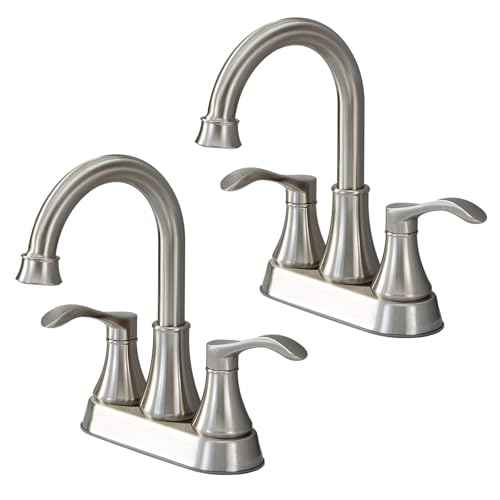 Brushed Nickel Bathroom Sink Faucets, 360¡Æ Swivel High-Arc Spout 2-Handle 4 Inch Centerset Lavatory Vanity Faucets Set for Bathroom Sink with Drain & Water Hoses, 2 Pack, VLSZST050L-2