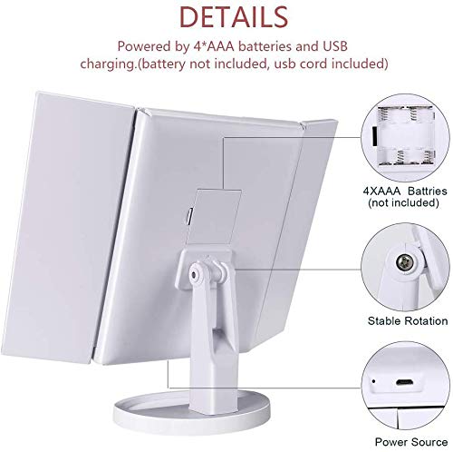 PUVLISZ Vanity Cosmetic/Makeup Mirror with 22 LED Lights, Touch Screen, Magnification Tri-Fold 2X 3X Magnifying, 180° Free Rotation, Dual Power Supply White