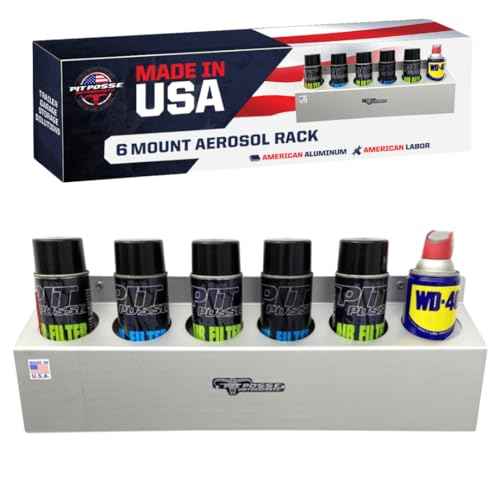 Pit Posse 302 Six Bottle Aerosol Spray Can Rack Shelf Holder 23" Caddy - Made in USA - Enclosed Race Trailer Garage Shop Storage Organizer Aluminum Storage Universal Mounting - 5 Yr Warranty (Silver)
