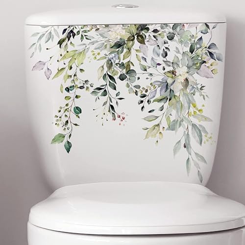 Green Plant Leaves Flowers Toilet Seat Lid Stickers-DIY Removable Waterproof Toilet Sticker for Bathroom Cistern Decor-Green Leaf Floral Toilet Lid Decals 11.8x9.8in