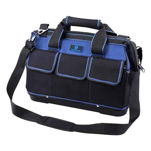 Tool Bag 16'', Multi-pocket Tool Organizer with Water Proof Plastic Base, Heavy Duty Tote with Shoulder Strap for Tool Storage, Black & Blue