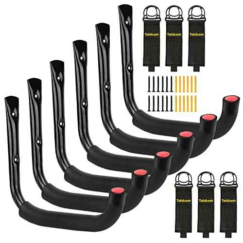 6 Set Garage Hooks - Wall Mounted, Heavy Duty, 7 Inch Large, Extension Cord Hanger, J Hooks for Ladder, Mowers, Cable Bracket - Black