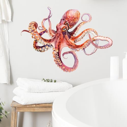 Lifelike Red Octopus Wall Decal Nursery Sea Animal Wall Sticker for Bathroom Removable Peel and Stick Waterproof Wall Art Decor Stickers for Kids Baby Classroom Living Room Playing Room