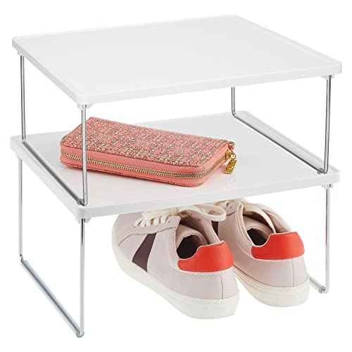mDesign Metal Stacking Storage Organization for Shelves Inside Closet in Bedroom, Bathroom, Hall, or Entryway - Organizer Stand for Clothing, Linen, Household Items, Ligne Collection, 2 Pack, White