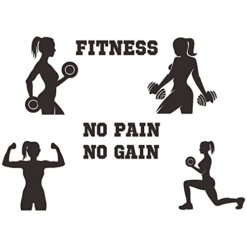 Women Fitness Wall Decal - ¡°No Pain No Gain¡± Motivational Quote with Girl Lifting Weights - PVC Removable Vinyl Sticker for Gym, Home Workout Room, Bedroom Decor - 34x24 Inch JWH177 (Black)