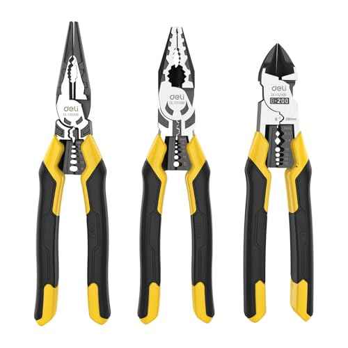 DELI 3PCS Pliers Set, Large 7 in 1 Multifunctional Wire Stripper Crimper Cutter, 9" Long Nose, 9" Linesman, 8" Diagonal Side Cutting