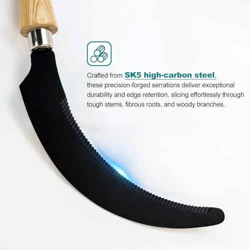 Berry&Bird Grass Sickle with Sawtooth, Heavy Duty SK5 Carbon Steel Blade Sickle Knife Scythe Garden Tool, Brush Clearing Sickle Weeding & Harvesting Tool for Gardeners/Farmers - Ashwood Handle