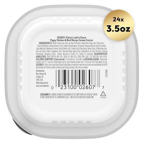 Cesar Puppy Wet Dog Food Classic Loaf in Sauce Chicken & Beef Recipe, 3.5 oz. Easy Peel Trays (24 Count, Pack of 1)