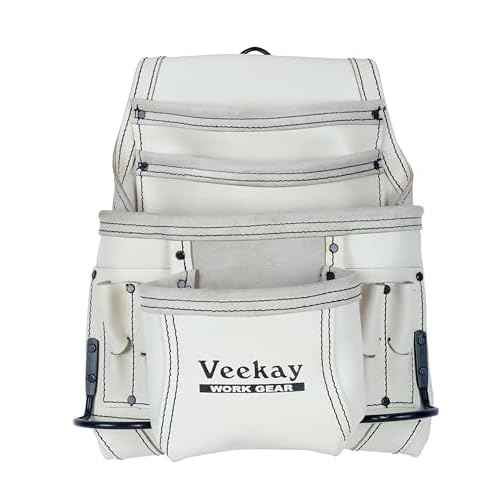 VEEKAY 10 Pockets Men Resin Finish/Oil Tanned Leather Tool Pouch White and Brown Bags Fastener Carpenter's Nail, Tool Heavy Duty Steel Hammer Loop, Belt Loop for Electrician Technician Installers