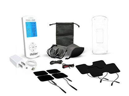 iReliev TENS Unit + EMS Muscle Stimulator Comes with 14 Therapy Modes, Premium Pain Relief and Recovery System, Rechargeable, Large Back Lit Display, Large and Small Electrode Pads