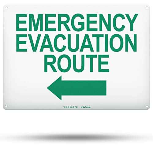 TRADESAFE Emergency Evacuation Route Sign - Evacuation Plan Sign With Arrow Left, Quick Install Aluminum Safety Sign, Light Reflective, UV-Resistant, Waterproof, 14¡± X 10¡± Signs for Business