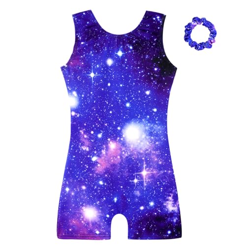 HOZIY Girls Gymnastics Leotards with Shorts for Kids Leo 5t Size 5-6 Years Leo Scrunchies Tumbling Outfits Blue Galaxy Milky Way Cosmos