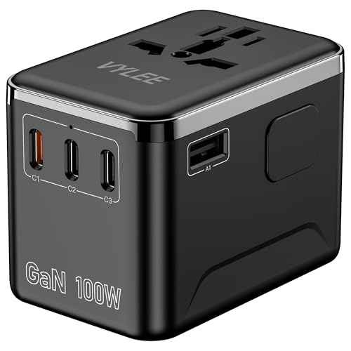 Universal Travel Adapter, PD100W GaN International Power Adapter with 3 USB C and 1 USB A Charging Ports, All in One Power Outlet, Worldwide Plug Adapter for US to European Europe UK AUS Ireland