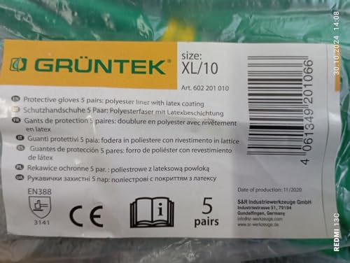 GRÜNTEK 5 Pairs Gardening Work Gloves - Size XL / 10 Gloves Latex coated, for private and commercial use