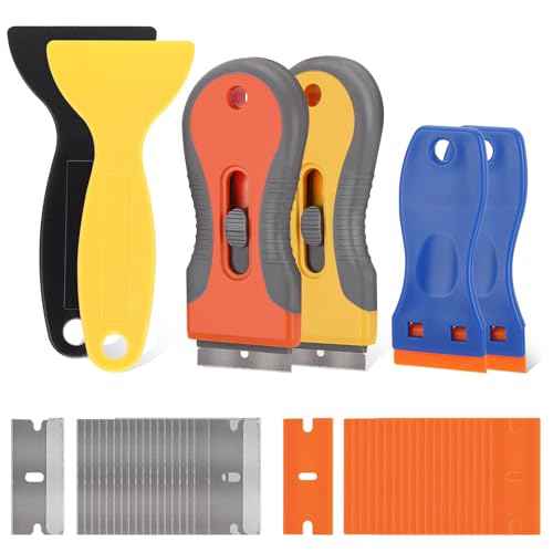 Razor Blade Scraper Tool, 6 Pack Razor Scraper with Extra 50Pcs Metal & 50Pcs Plastic Blades, Cleaning Scraper for Glass, WindowWindow, Sticker, Cooktop, Paint