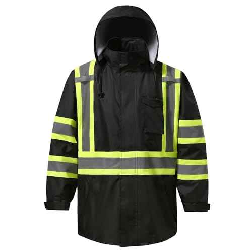 Reflective Rain jackets for men waterproof,Hi Vis Safety Coat With Reflective Strips£¬High Visibility Class 3 Rain jackets With 2 large pockets£¬Zipper,Black £¬LG/XL