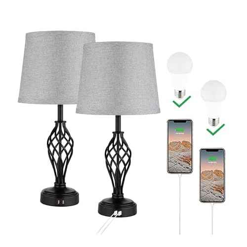 Charging Table Lamps Set of 2, nightstand lamp with USB Ports Bedside Desk lamp for Living Room Bedroom,Black Spiral cage Base Design 3 Color Temperature LED Bulbs Included.