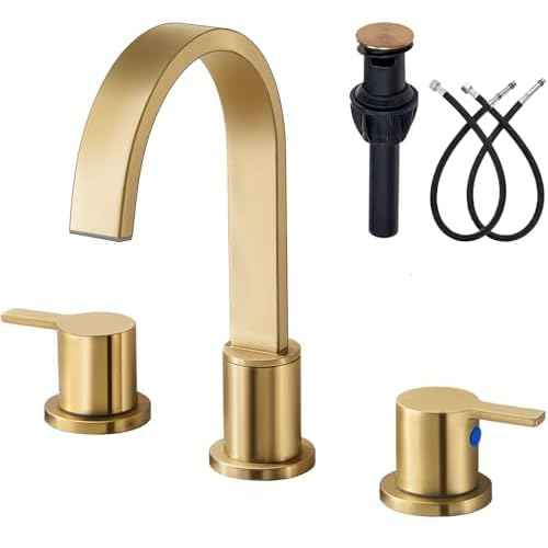 Gold Bathroom Faucet 3 Hole, Widespread Bathroom Faucet Brushed Gold, 360¡Æ Swivel High-Arc Spout 2-Handles 8 Inch Faucets with Water Hoses and Drain for Sink RV Bath Vanity Lavatory, VAL088GRH