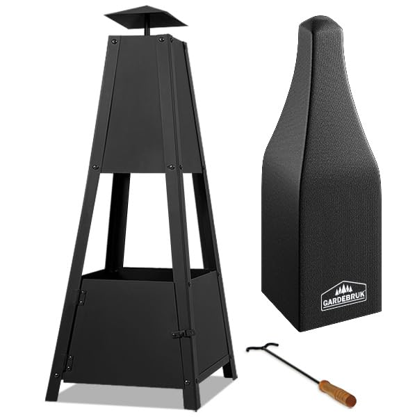 GARDEBRUK® Pyramid Fire Pit | Smoke Outlet | Garden Patio Heater with Lockable Door | Firm Stand | Wood Charcoal Fire Basket Chimenea with Poker | 102cm / 40' | 5kg | Black