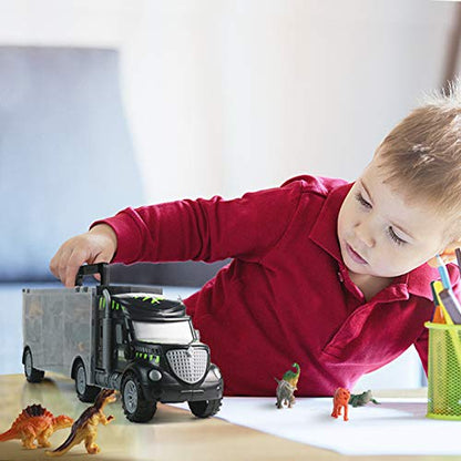 Akokie Dinosaur Toys for Boys Girls - Kids Toys Transport Carrier Truck with Dinosaur Animals Toy 12 Pcs Double Side Storage Set Birthday for Kids Boys Girls 3 4 5 6 Years Old