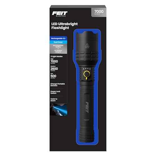 Feit Electric Flex Power Flashlight, 7000 Lumens Ultra-Bright LED, Rechargeable & AA Battery Compatible, Aircraft-Grade Aluminum, USB-C Charging, 3 Light Modes, Wet Rated Emergency Light, FLR7000/FLEX