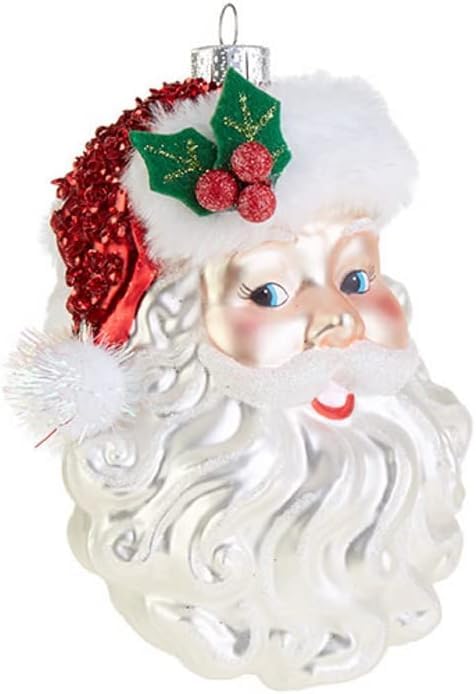 Santa Claus Face Glass Christmas Tree Ornament, 5 Inch