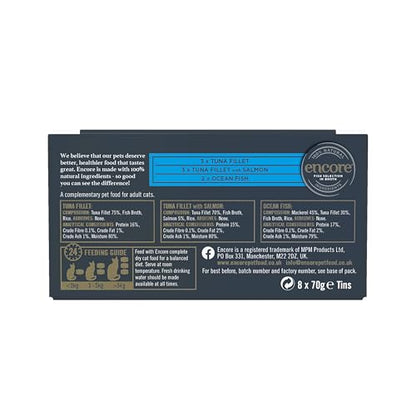 Encore 100% Natural Wet Adult Cat Food, Fish Selection in Broth, 8x70g Tins