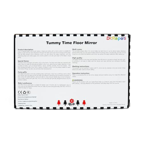 Dr.Rapeti Tummy Time Floor Mirror for Baby Infant Toddler Kids Black and White High Contrast Baby Toy with Teethers Floor Activity Toy Washable Non-Toxic