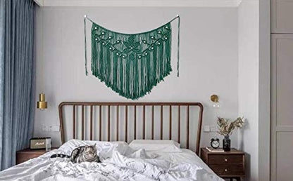 Youngeast Home Decor Leaf Shape Macrame Wall Hanging Woven Tapestry Bedroom Curtain Fringe Garland Banner Living Room Wall Decor Dark Green 39X31 inches