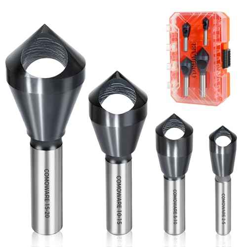 COMOWARE 4pcs TiAIN Coated Chamfer Tool M35 Chamfer Bit 90-Degree Countersink Drill Bit Set for Wood & Metal, Heavy Duty Countersink Bit SAE 1/4"-3/4", 2-5, 5-10, 10-15, 15-20mm