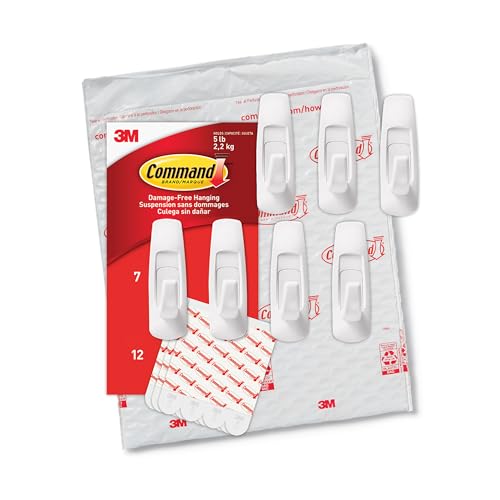 Command 5 lb Large Utility Hooks, 7 Wall Hooks and 12 Command Strips, Damage-Free Hanging with Adhesive Strips, No Tools for Hanging Christmas Decorations