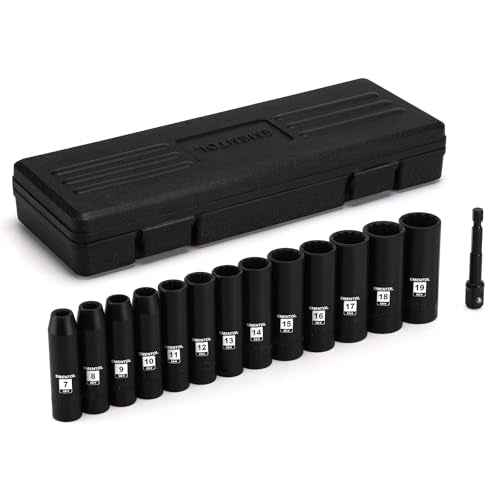 EMENTOL 14PCS 3/8"Dr. Deep Impact Socket Set, Metric, 12-Point, CR-V, 14 Pieces 3/8-Inch Drive Deep Socket Set, 7mm - 19mm