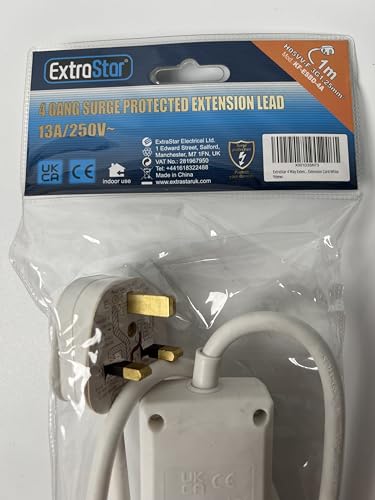 ExtraStar 4 Way Extension Lead with Surge Protection, 13A/250V~ Multi Sockets Power Strips, 3120W Fused UK Plug Wall Mounted Power Socket with 1M Extension Cord-White