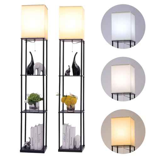 Floor Lamp with Shelves, Modern Square Standing Lamp with 3 Color Temperature Bulb, Corner Display Bookshelf Lamp for Living Room, Bedroom and Office (Black-2 Pack)