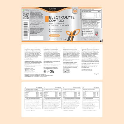 Electrolyte Complex - High Strength Tablets with Added Magnesium, Potassium & Calcium - Muscle Function and Electrolyte Balance - 240 Vegan Tablets - No Synthetic Binders - Made in The UK by Nutravita